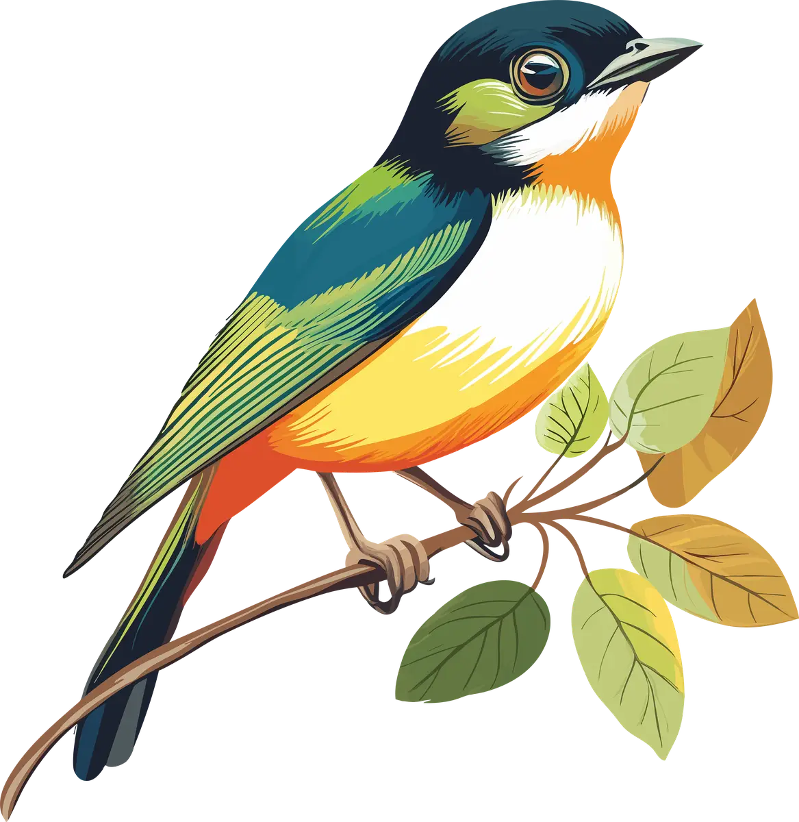 A colorful songbird perched on a leafy branch